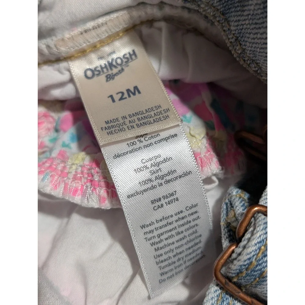 OshKosh Bgosh 12M Denim Overall Dress Tiered Ruffle Geometric Floral‎ Print Blue